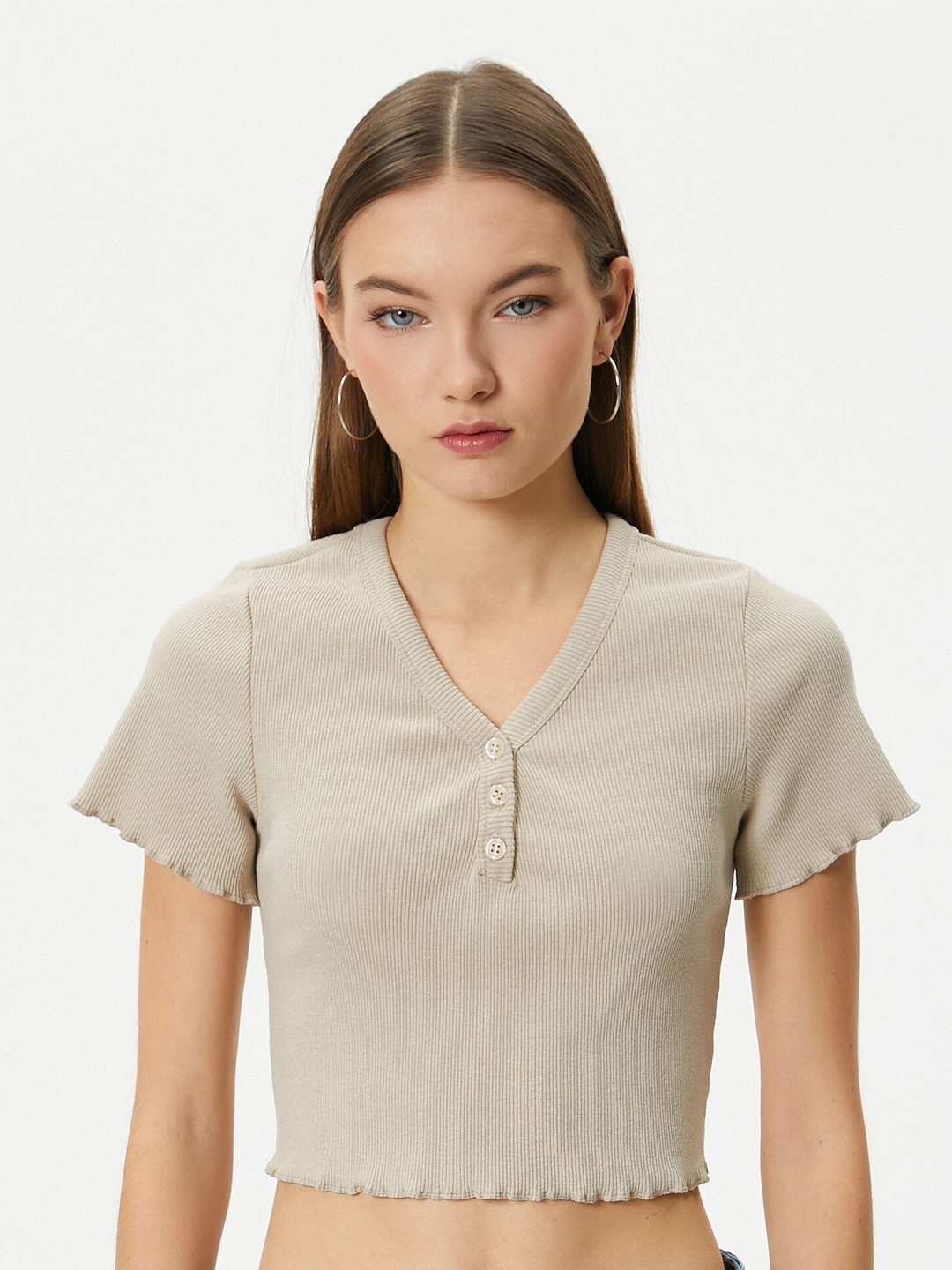 

Koton V-Neck Short Sleeves Crop T-shirt, Beige