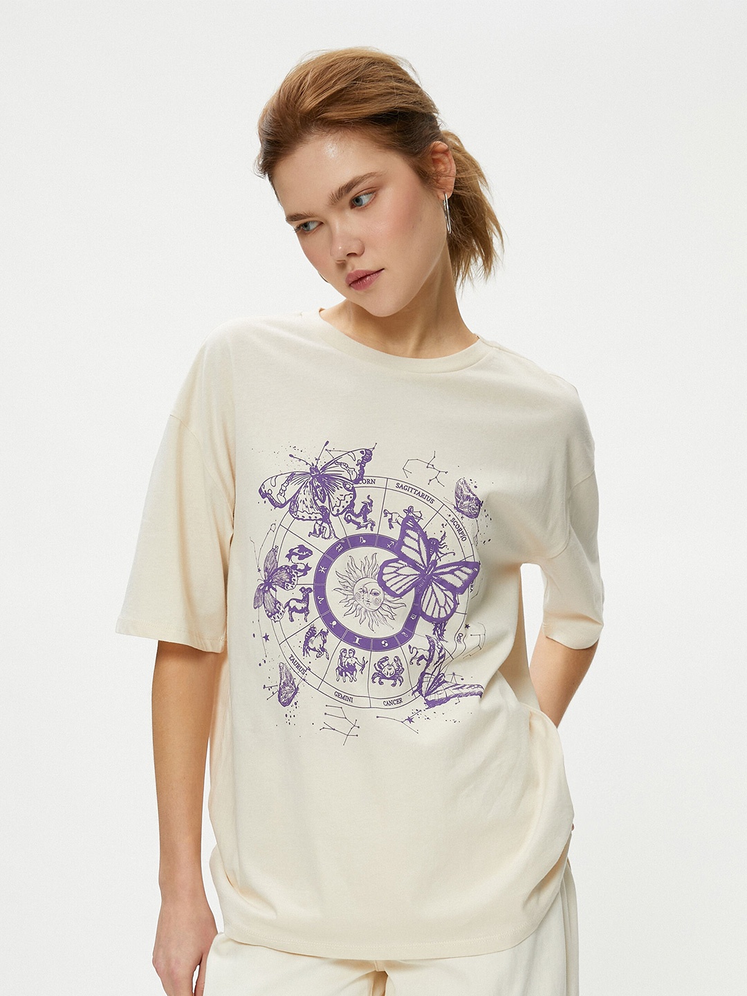 

Koton Women Printed Pure Cotton T-shirt, Beige