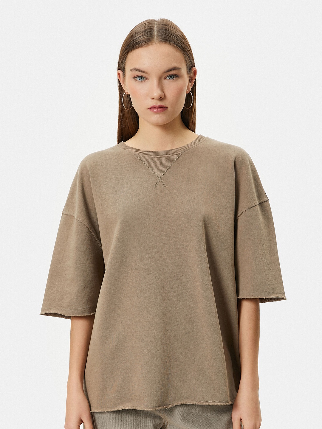 

Koton Women Drop-Shoulder Sleeves Pure Cotton T-shirt, Brown