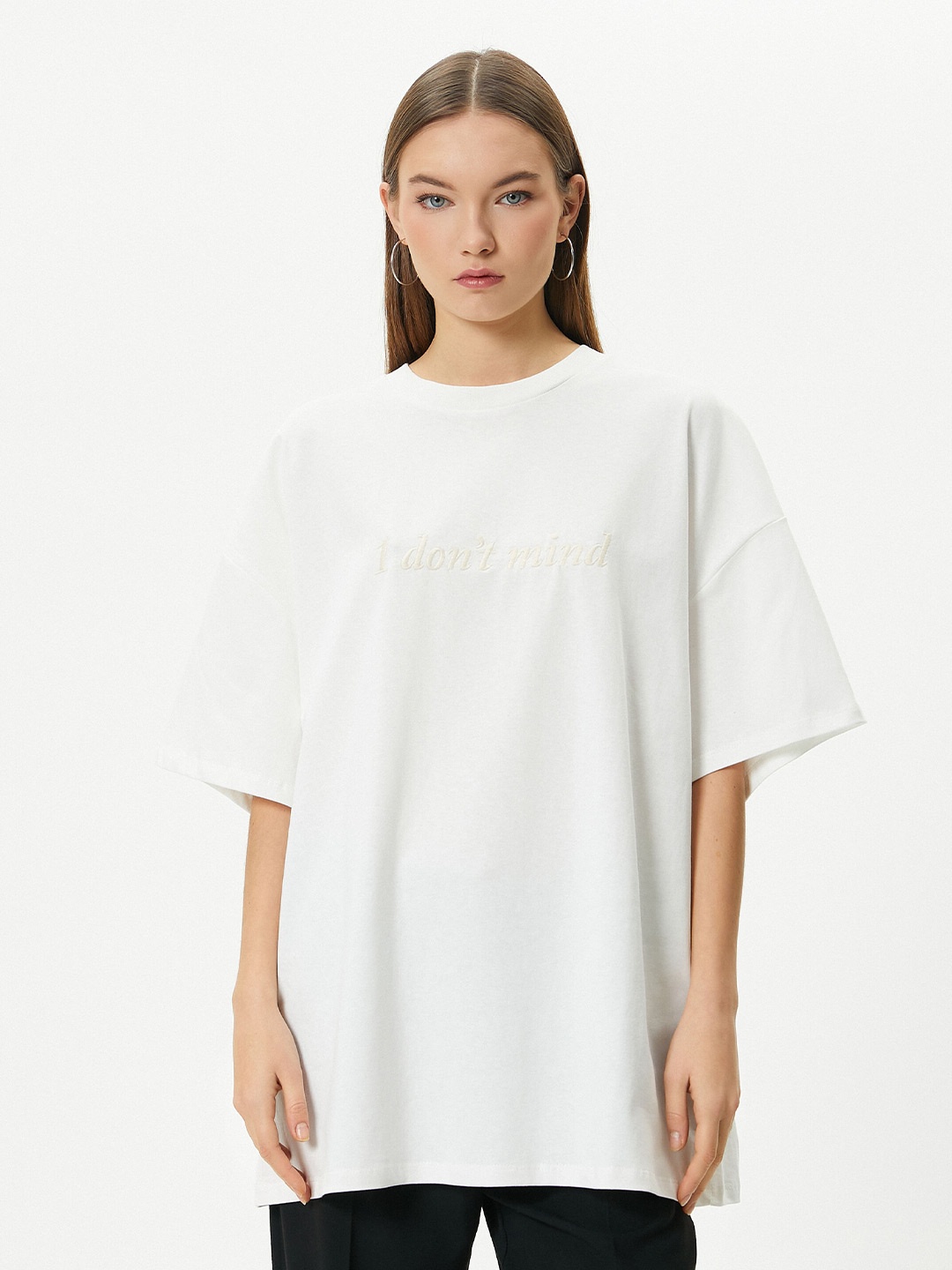 

Koton Women Typography Printed Drop-Shoulder Sleeves Pure Cotton T-shirt, White