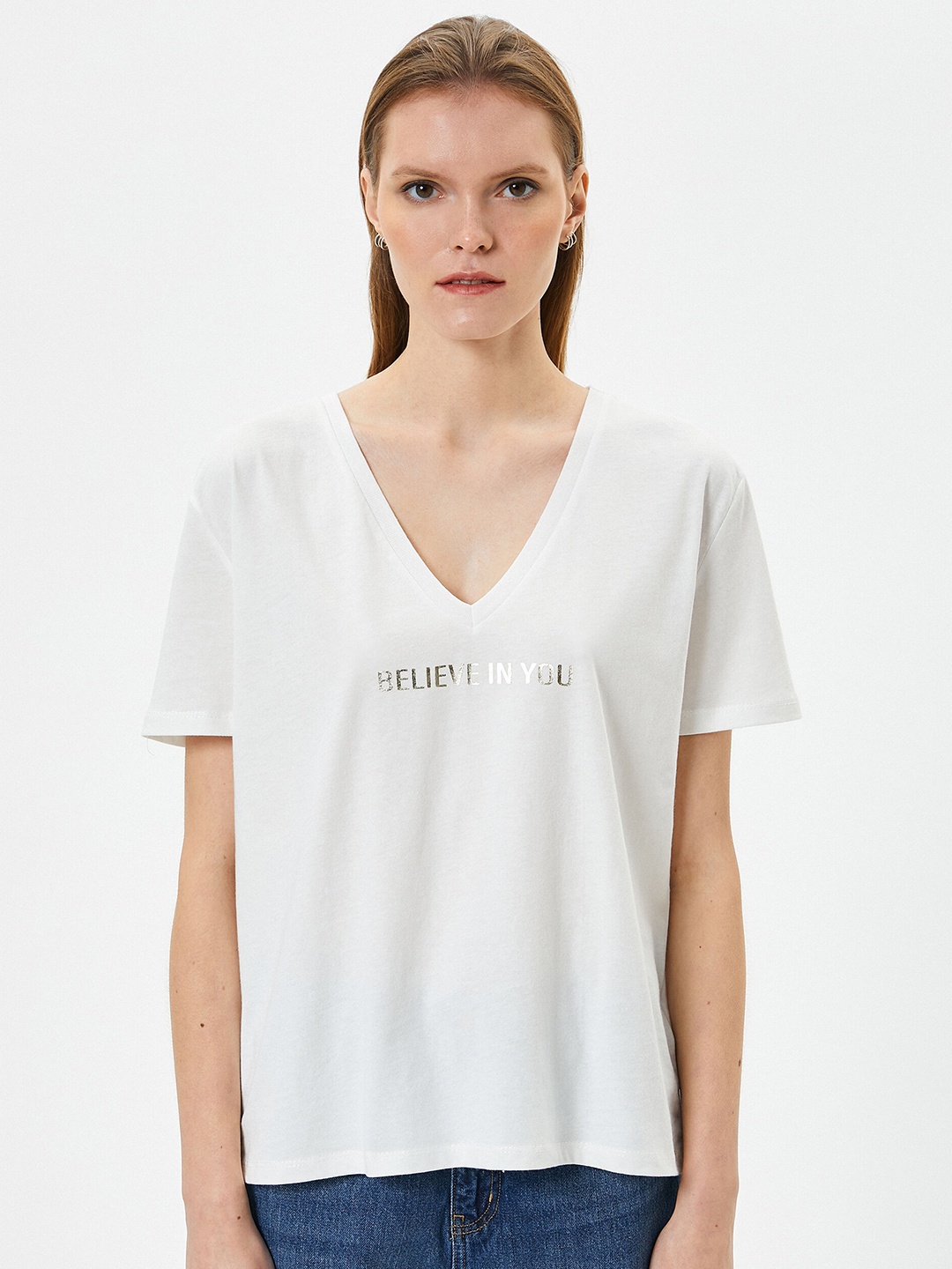 

Koton Typography Printed V-Neck Oversized Pure Cotton T-shirt, White