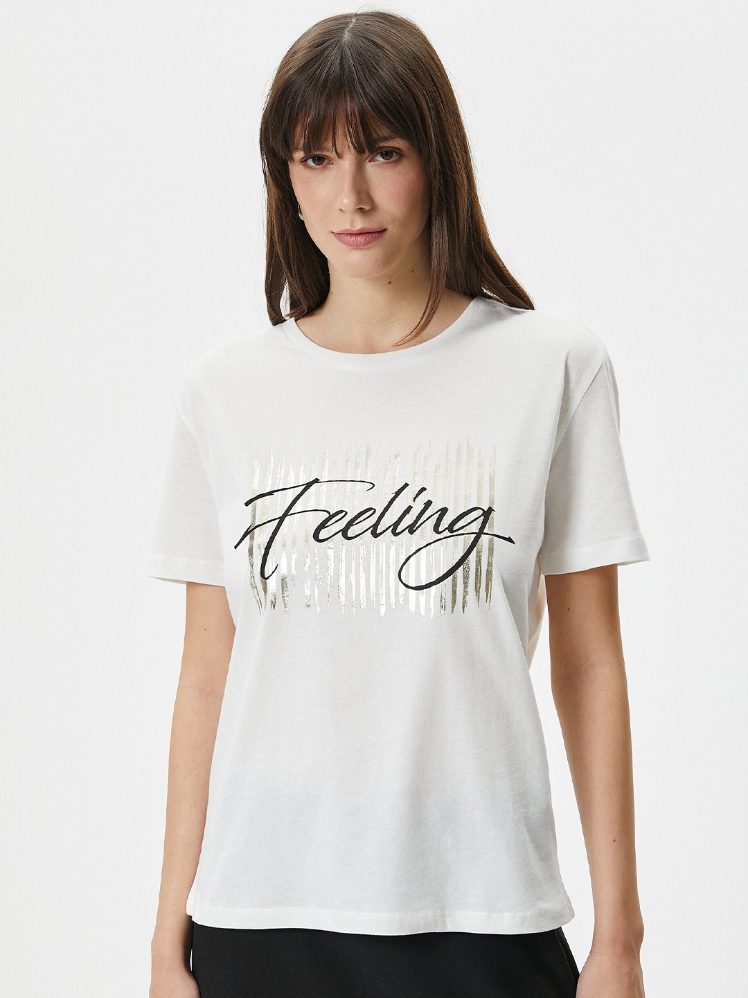 

Koton Women Typography Printed Drop-Shoulder Sleeves Pure Cotton T-shirt, White