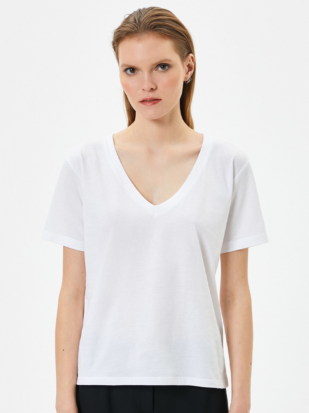 

Koton Women V-Neck Pure Cotton T-shirt, White