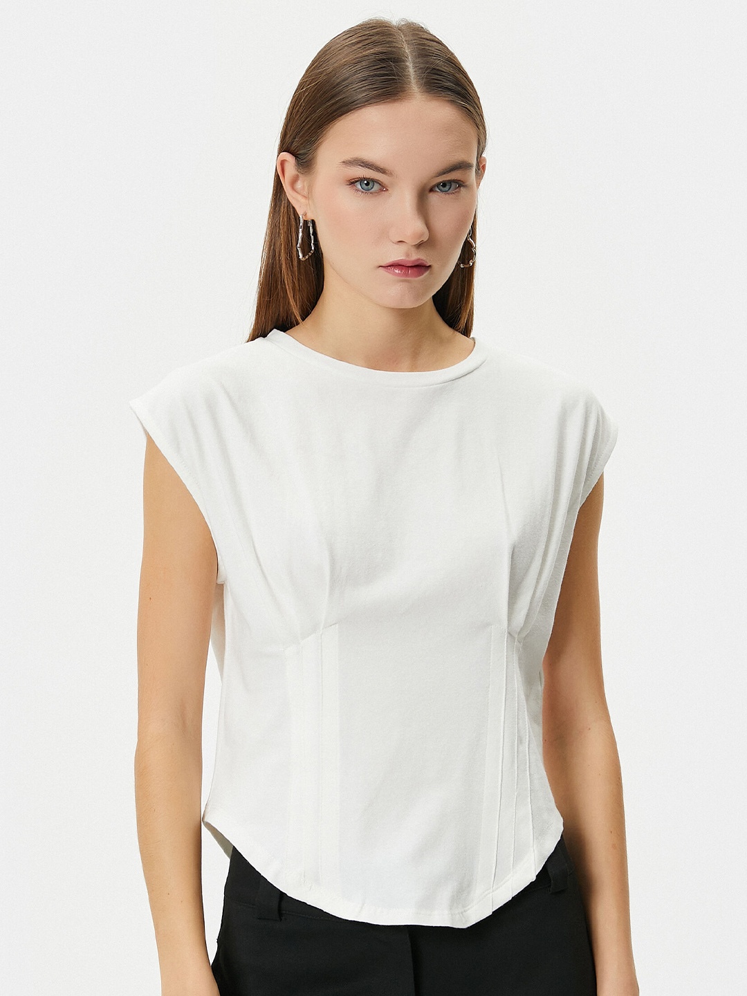 

Koton Round Neck Cap Sleeves Cotton Crop T-shirt, White