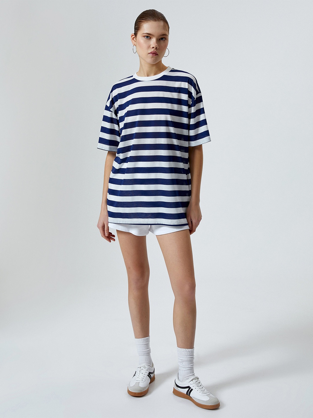 

Koton Women Striped Drop-Shoulder Sleeves T-shirt, Navy blue