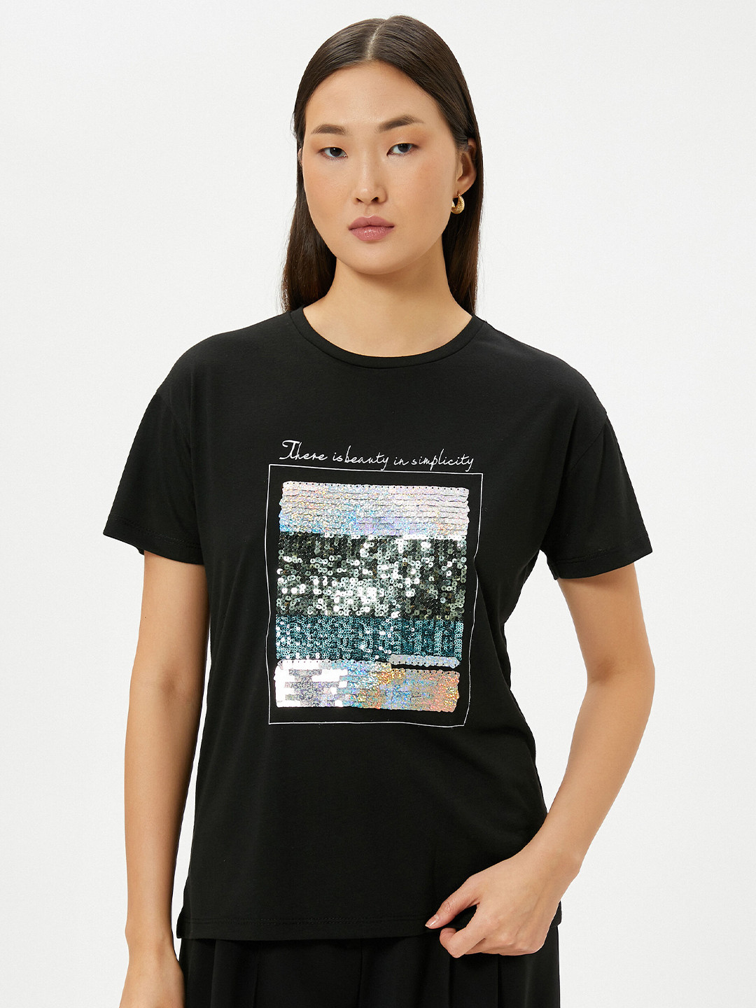 

Koton Women Printed Pockets T-shirt, Black