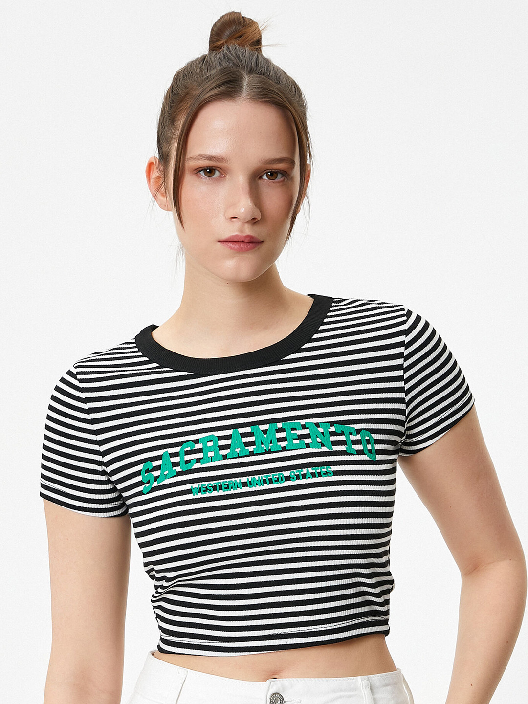 

Koton Round Neck Short Sleeves Striped Crop T-shirt, Black