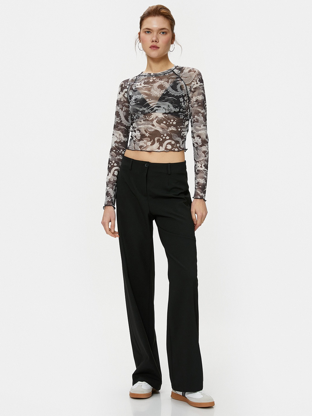 Koton Floral Printed Raglan Sleeves Sheer Crop Top, Transparent