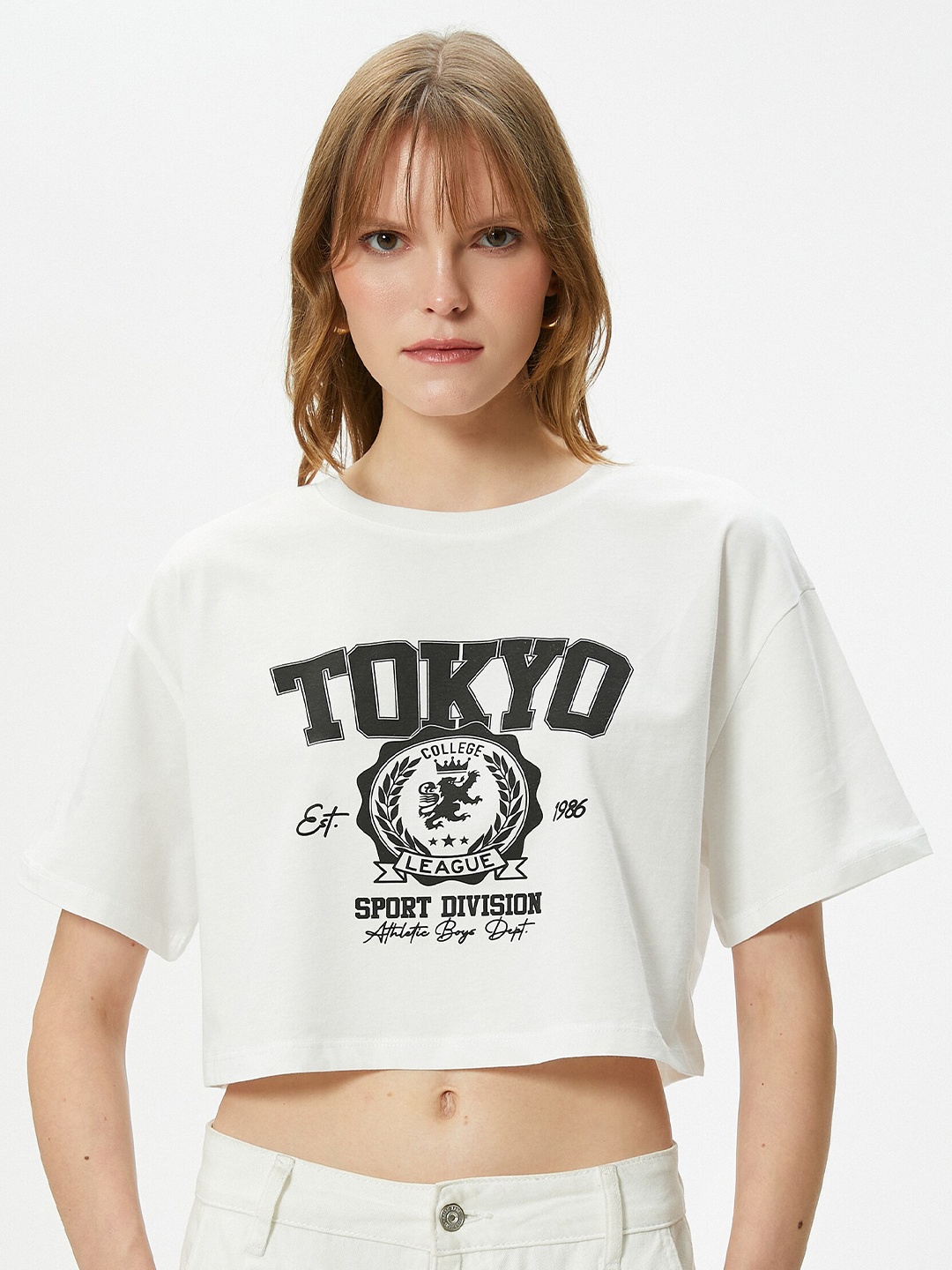 

Koton Women Typography Printed Pure Cotton Crop T-shirt, White