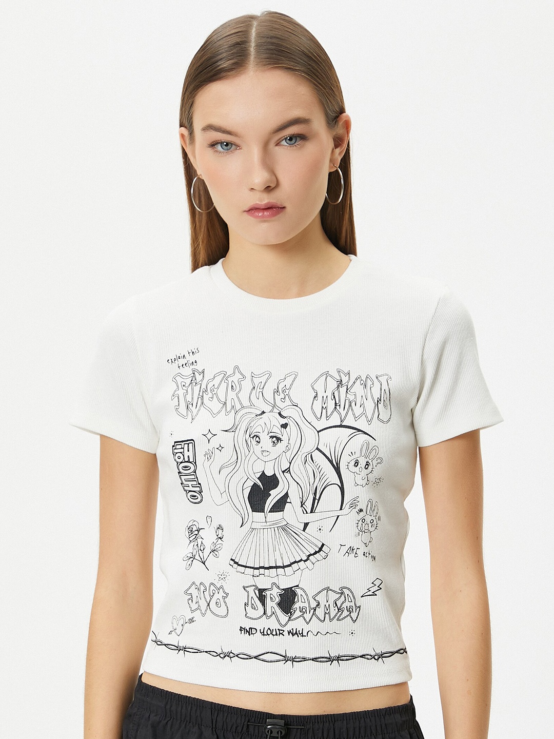 

Koton Round Neck Typography Printed Monochrome Cotton Crop T-shirt, White