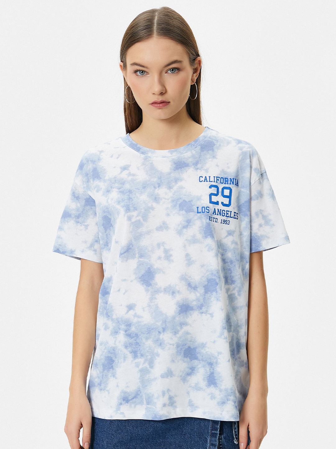 

Koton Women Tie and Dye Drop-Shoulder Sleeves Pure Cotton T-shirt, Blue