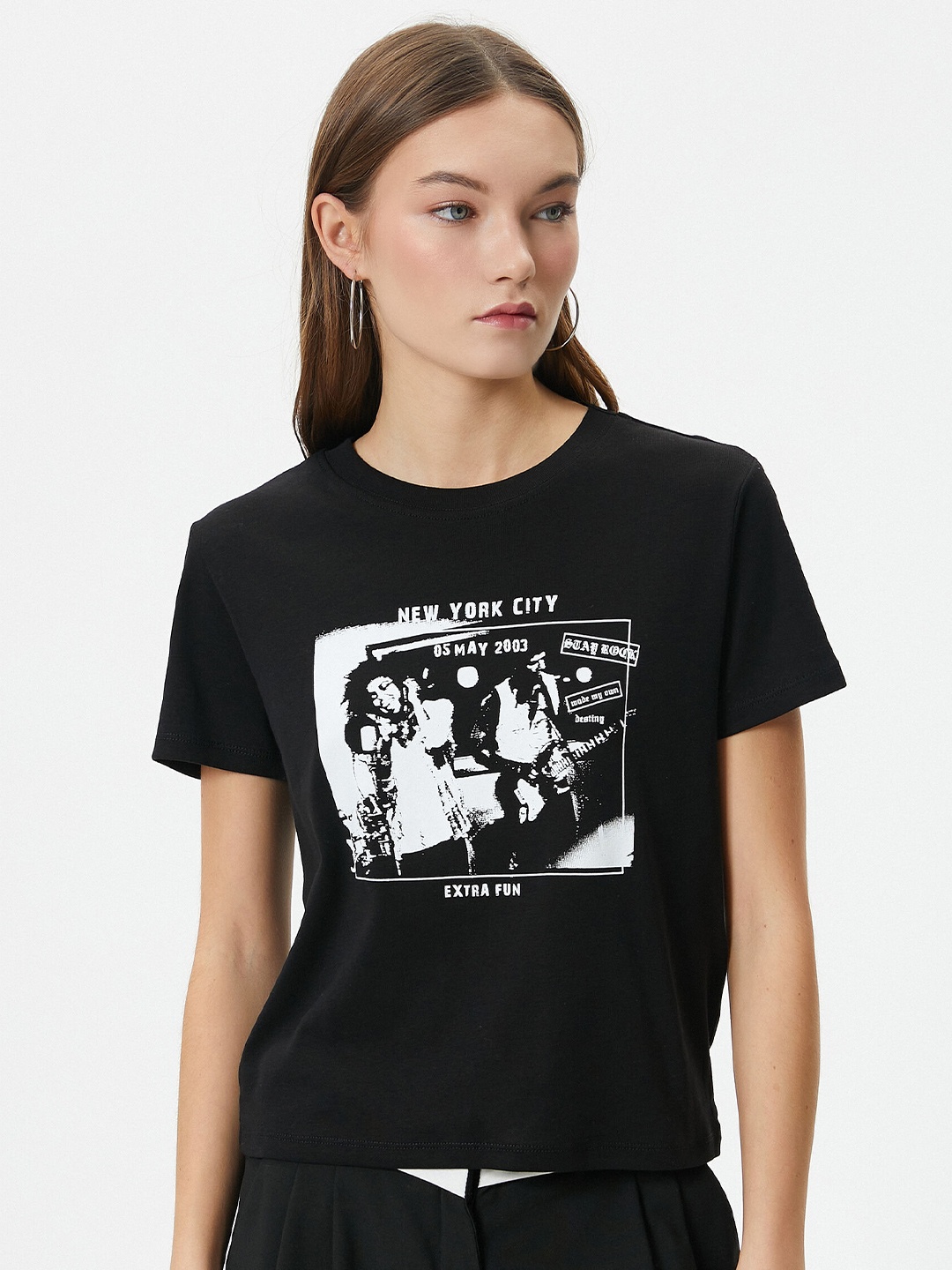 Koton Women Printed Pure Cotton T-shirt, Black