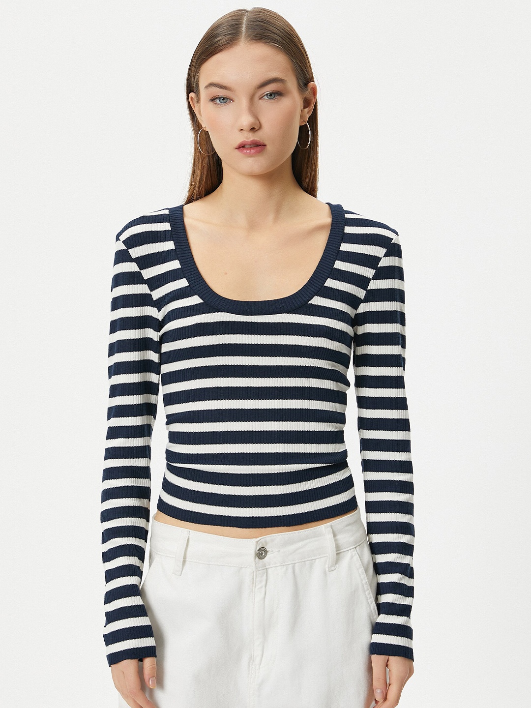 

Koton Striped Scoop Neck T-shirt, Navy blue