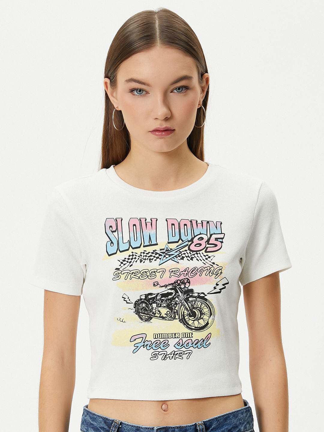 

Koton Round Neck Typography Printed Short Sleeves Cotton Crop T-shirt, White
