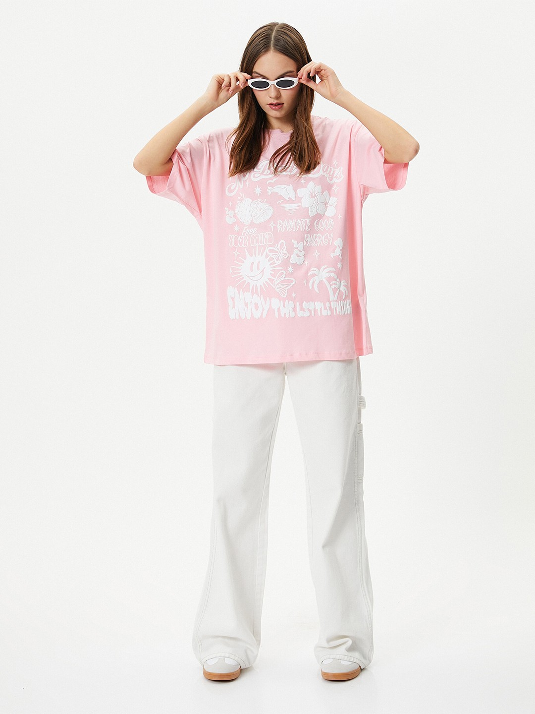 

Koton Printed Round Neck Drop Shoulder Sleeves Cotton T-shirt, Pink
