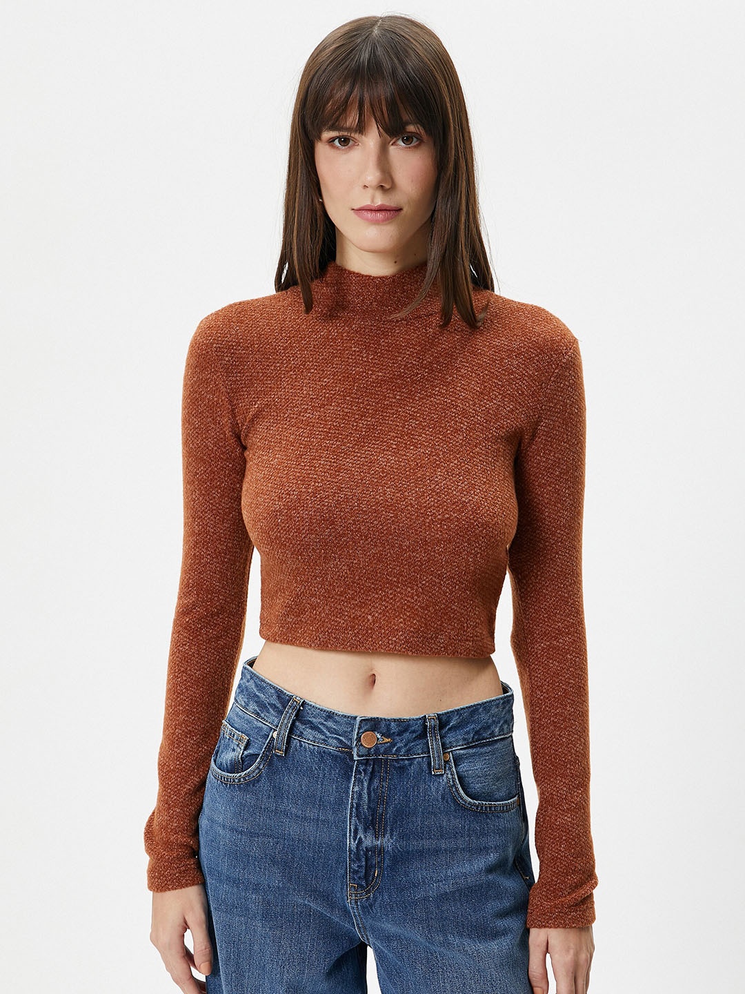 

Koton High Neck Fitted Crop Top, Brown