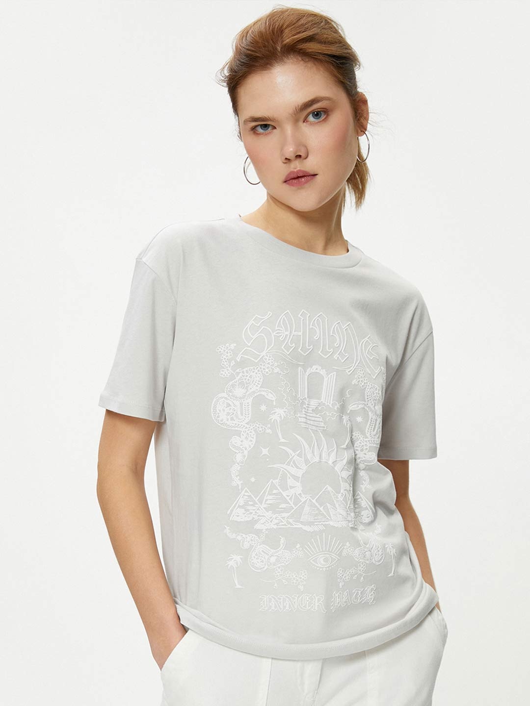 

Koton Women Printed Pure Cotton T-shirt, Grey