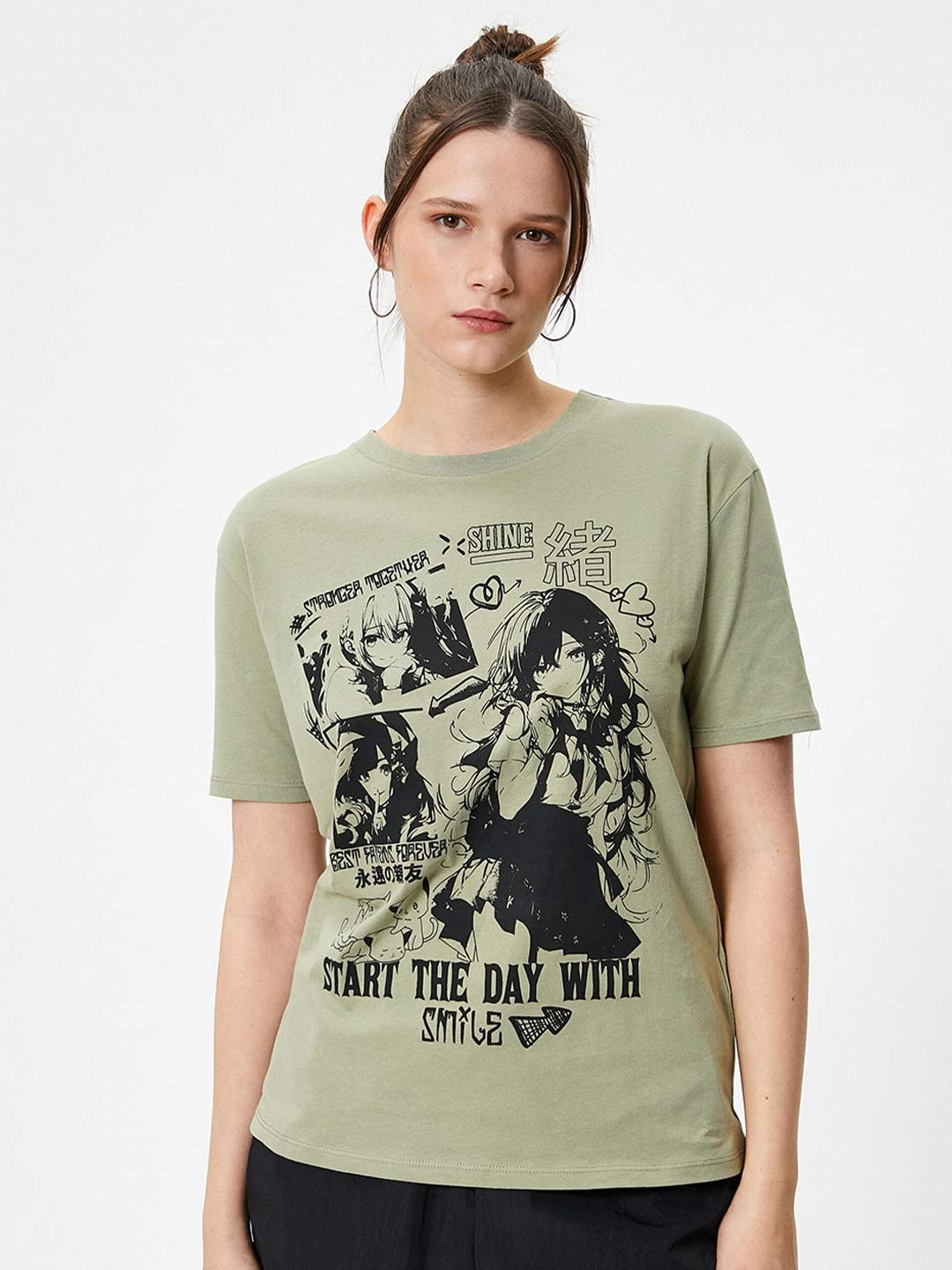 

Koton Graphic Printed Round Neck Pure Cotton T-shirt, Khaki