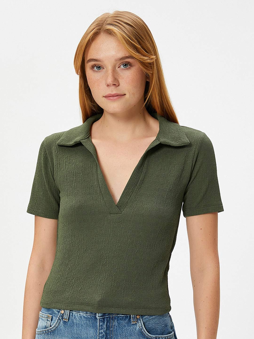 

Koton Self Design Polo Collar Extended Sleeves T-shirt, Green