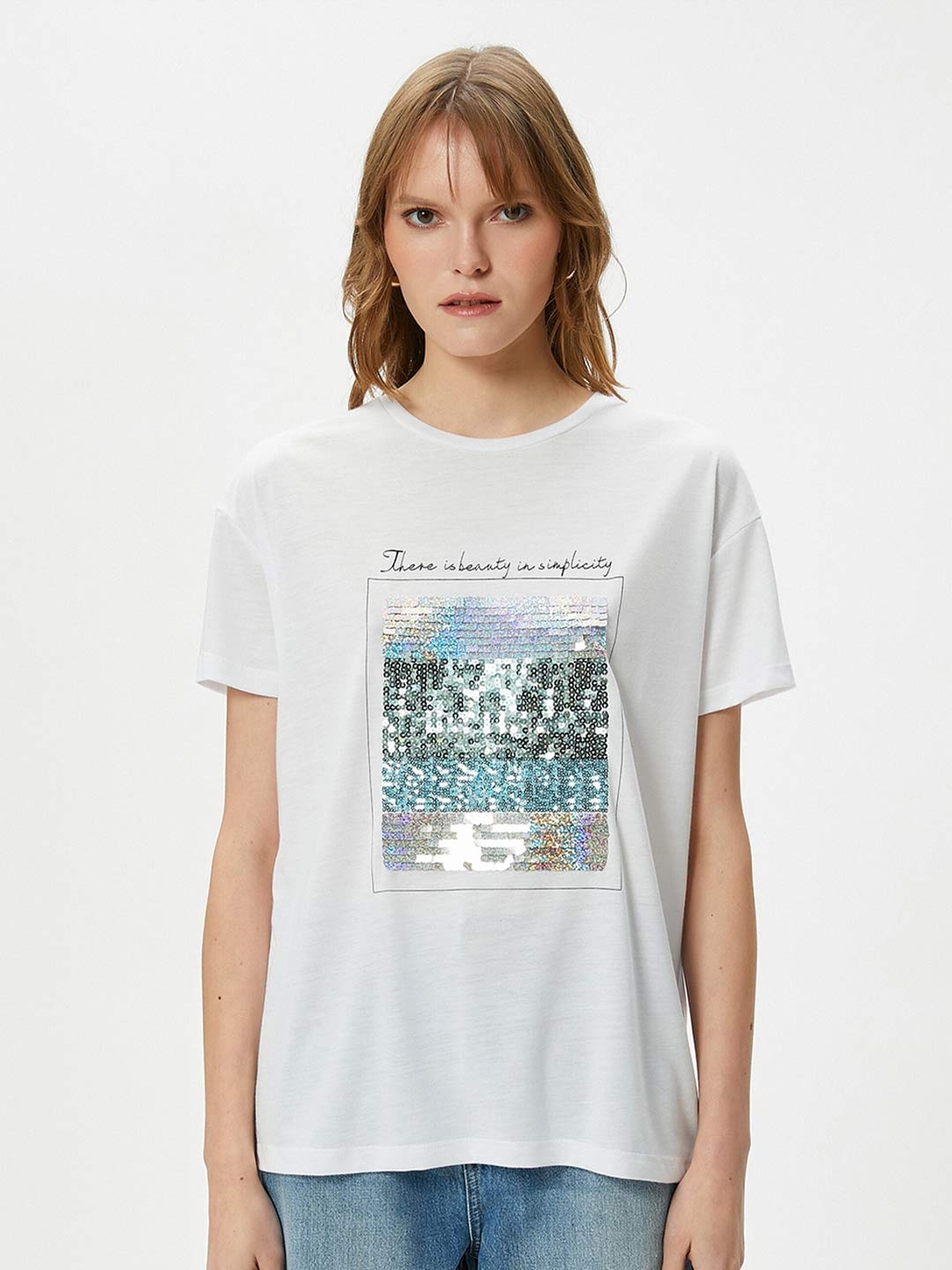 Koton Printed Drop-Shoulder Sleeves T-shirt, Off white