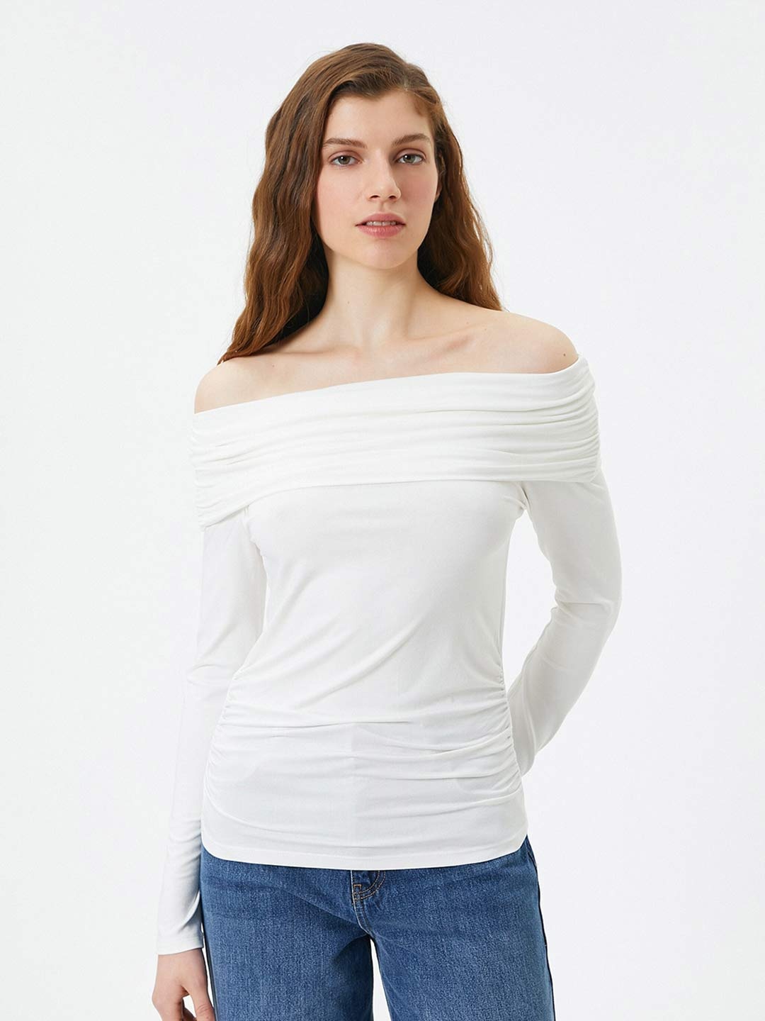 

Koton Off-Shoulder Bardot Gathered Regular Top, Off white