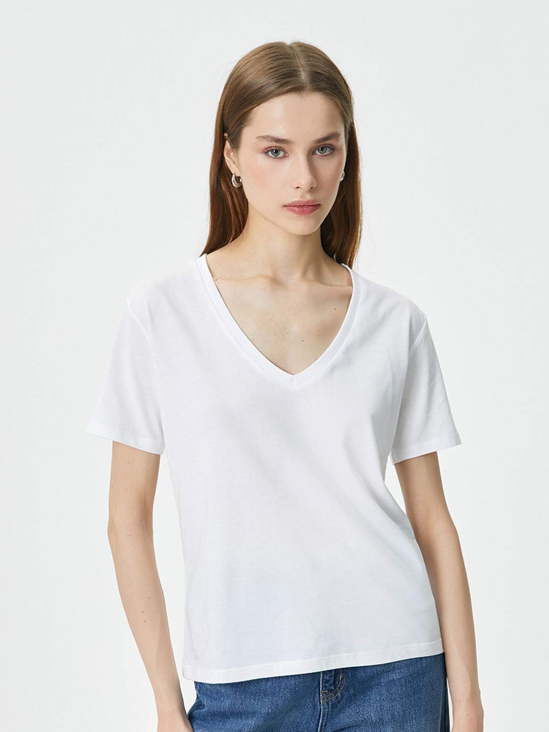 

Koton Women V-Neck Drop-Shoulder Sleeves T-shirt, White