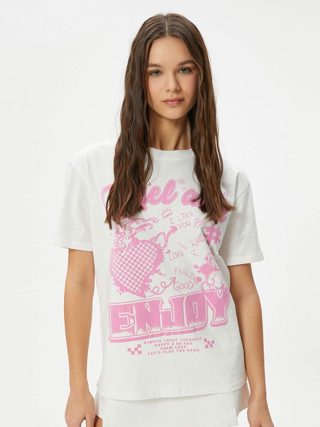 

Koton Women Typography Printed V-Neck Raw Edge T-shirt, Beige