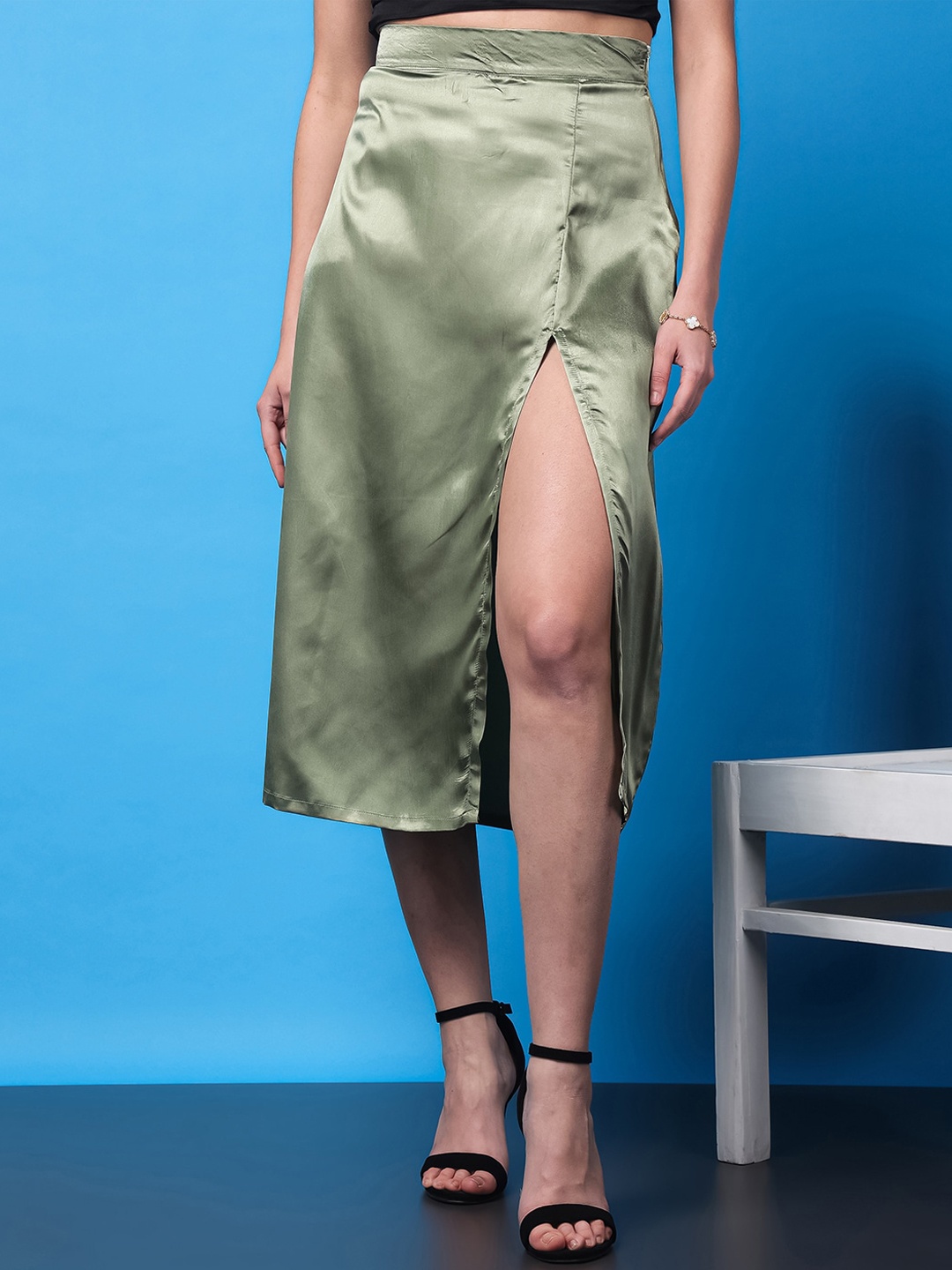 

Cation Olive Green Opulence High Rise Satin Straight Midi Skirt With Front Slit
