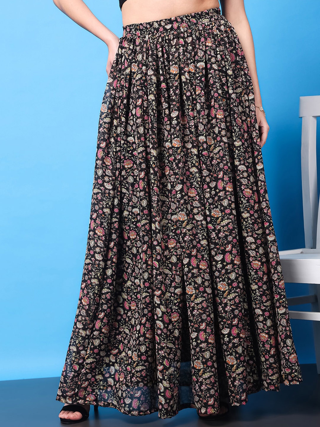 

Cation Floral Printed Flared Maxi Skirt, Black