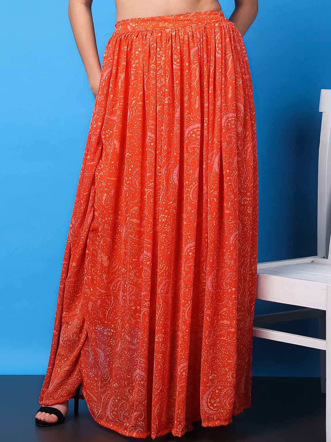 

Cation Printed Flared Maxi Skirt, Orange