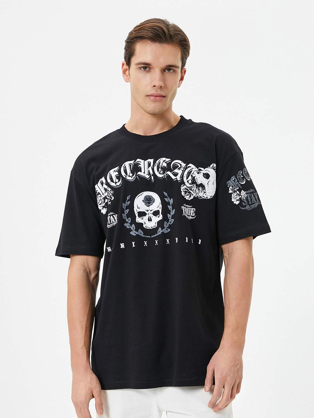 

Koton Typography Printed Round Neck Pure Cotton Casual T-shirt, Black