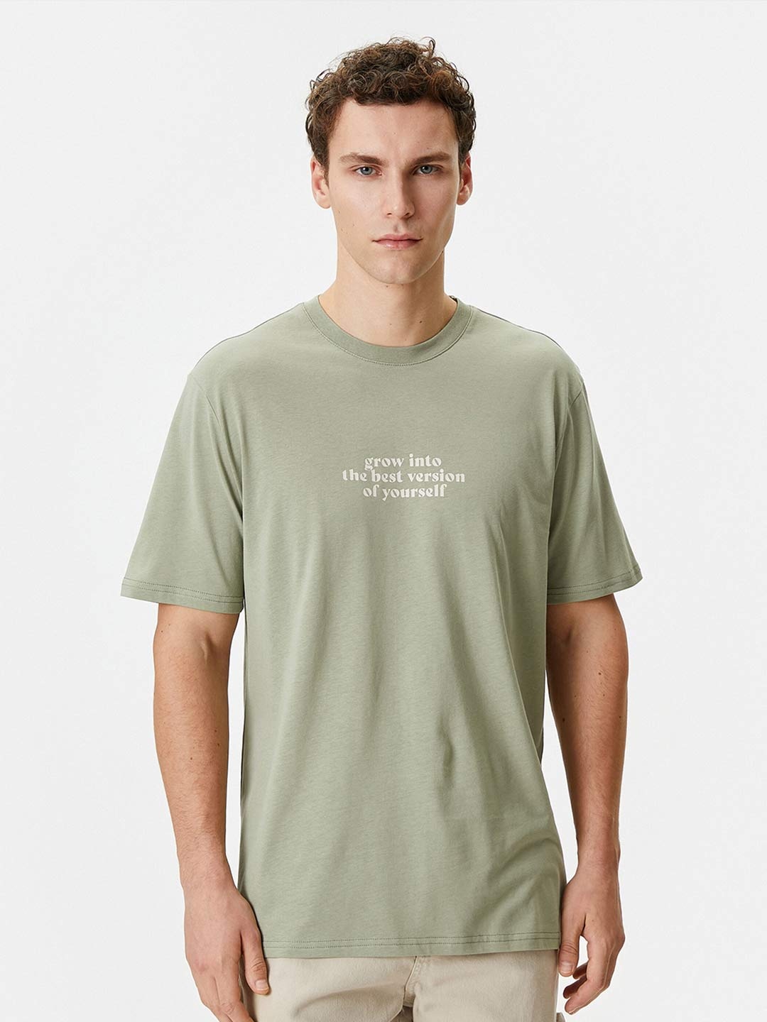 Koton Typography Printed Pure Cotton T-shirt, Green