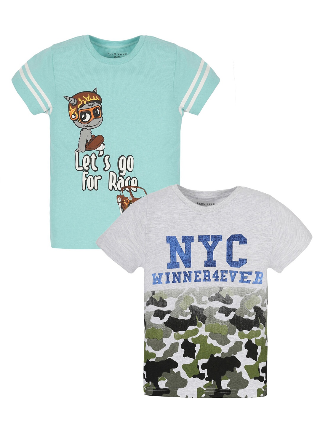 

PLUM TREE Boys Pack Of 2 Typography Printed Pure Cotton T-Shirt, Grey melange
