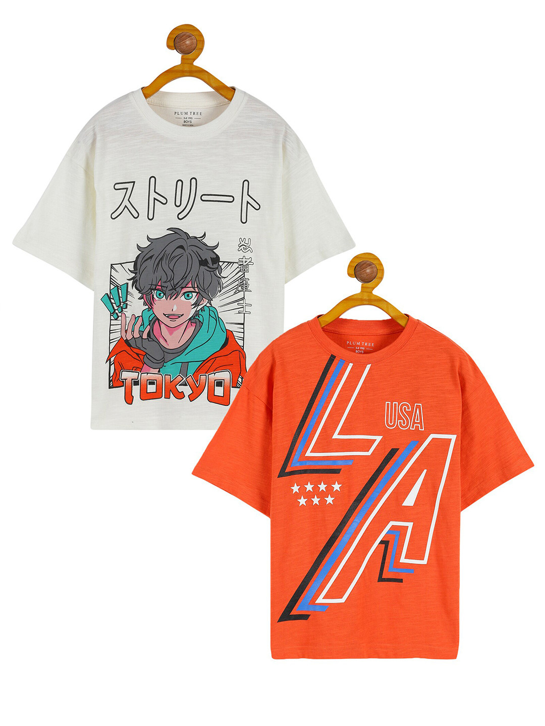 

PLUM TREE Boys Pack Of 2 Graphic Printed Pure Cotton T-Shirt, Off white