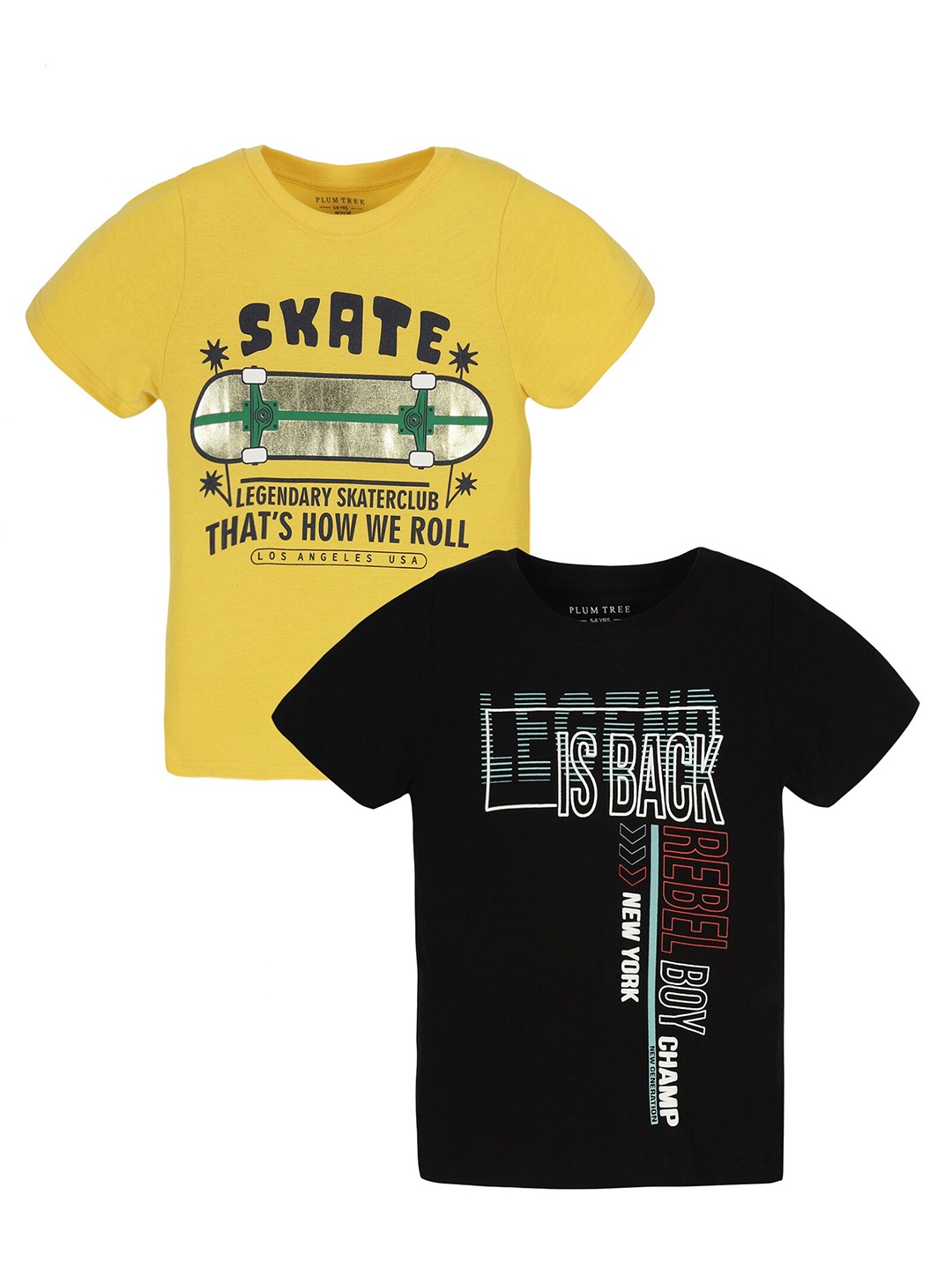 PLUM TREE Boys Pack Of 2 Typography Printed Pure Cotton T-Shirt, Black