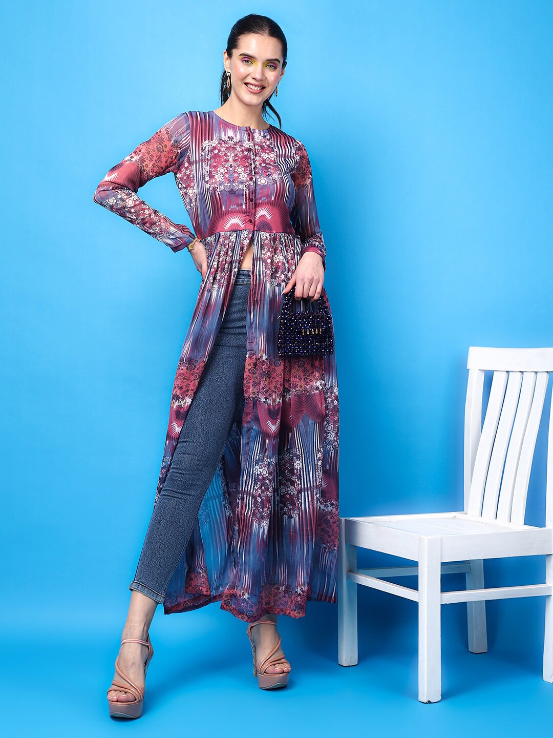 

Cation Floral Printed Georgette Longline Tunic, Purple