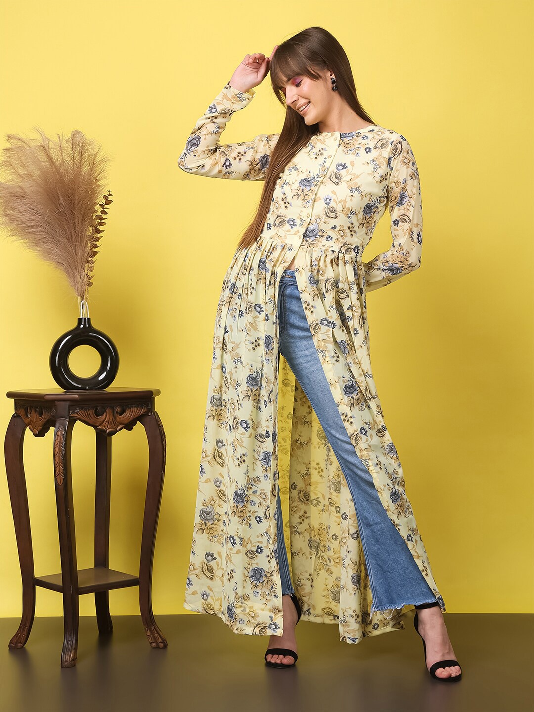 Cation Floral Printed Georgette Tunic, Yellow