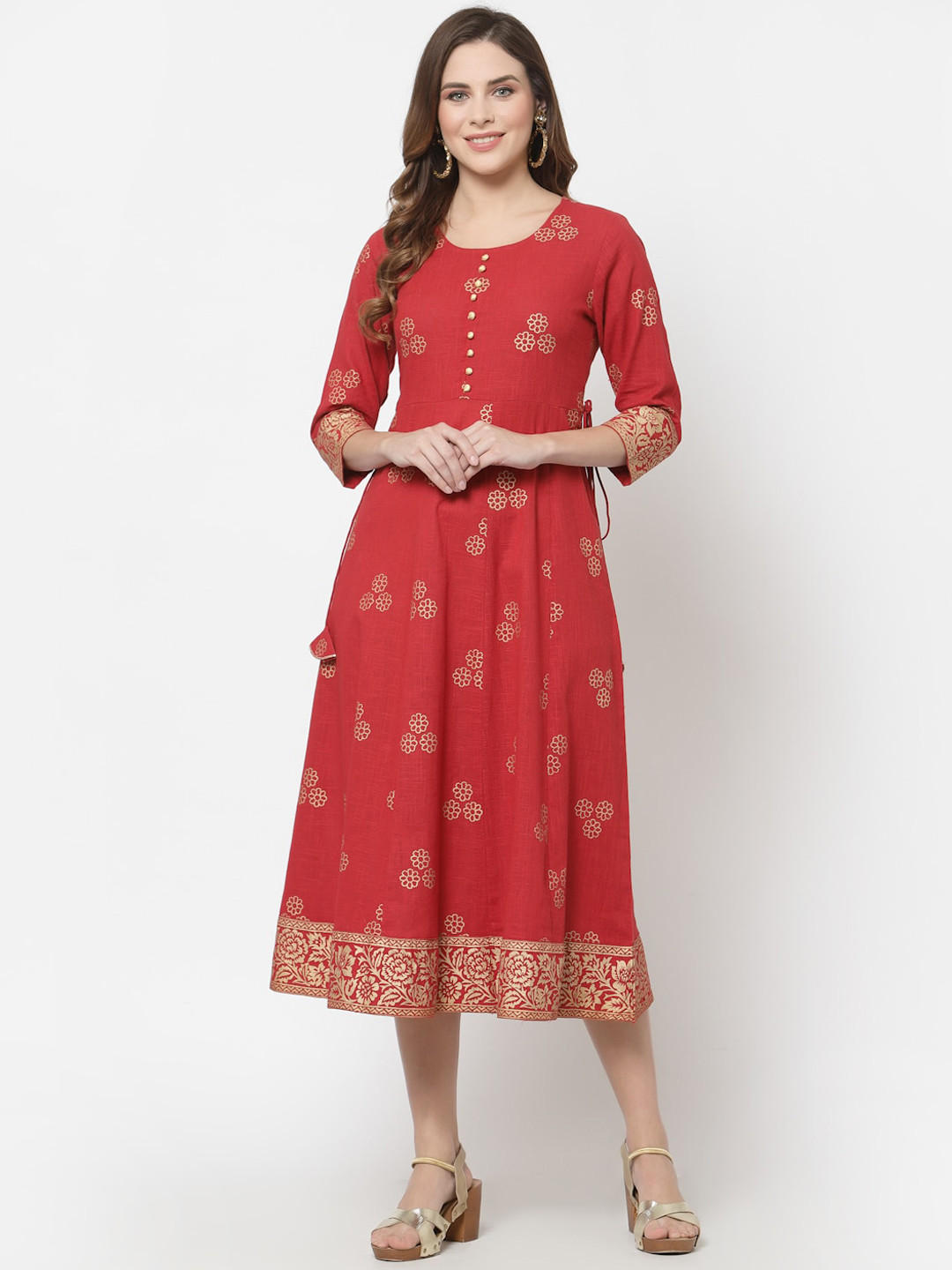 

Avipsa Ethnic Motifs Printed Sequinned Fit & Flare Pure Cotton Ethnic Dress, Red