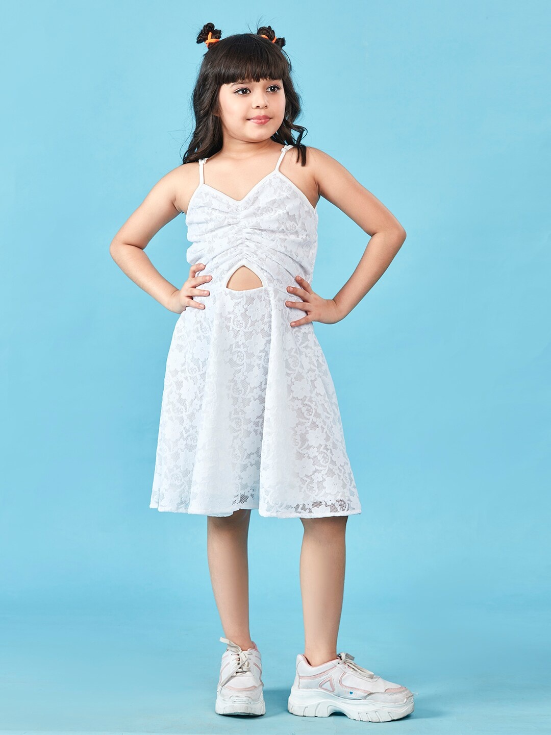 

Lil Peacock Girls Self Designed Shoulder Straps Jacquard Fit & Flare Dress, White