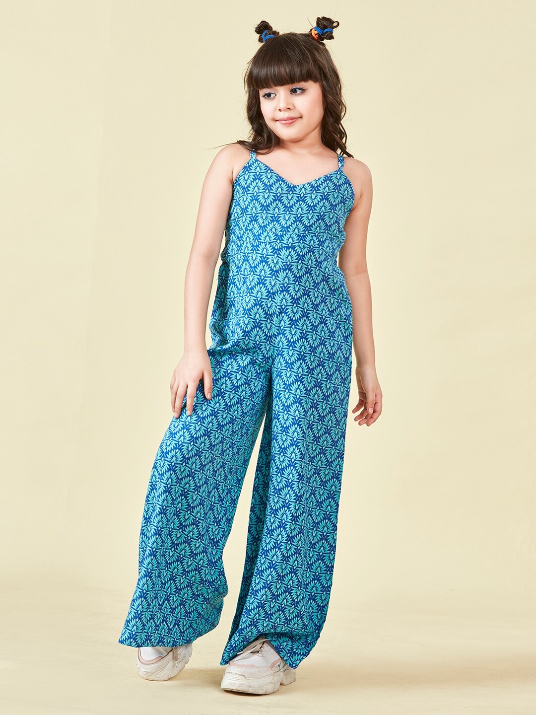 

Lil Peacock Girls Ethnic Motifs Printed Sleeveless Smocked Basic Jumpsuit, Blue