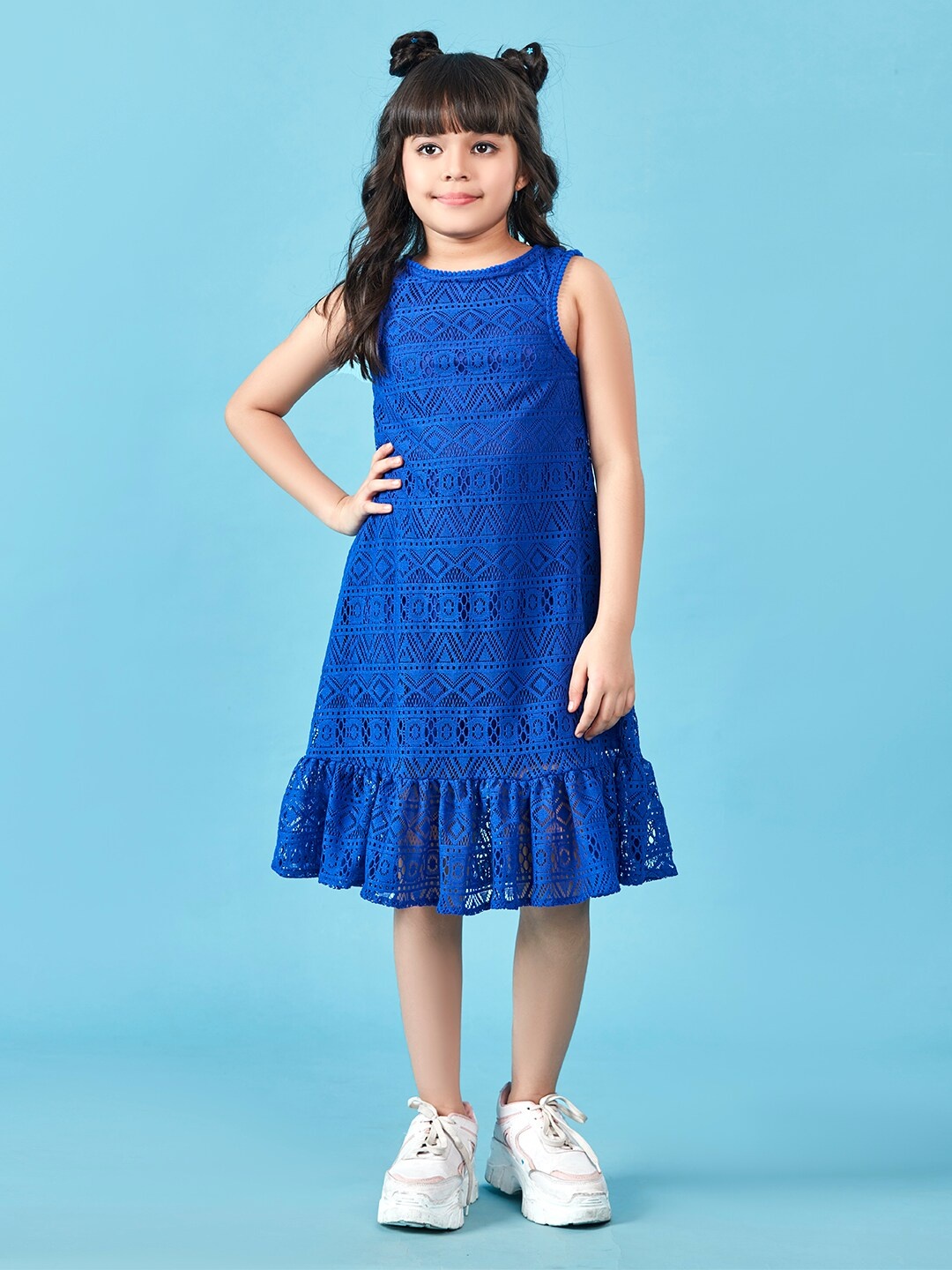

Lil Peacock Self Design Jacquard Sleeveless Flounce A-Line Midi Dress, Blue