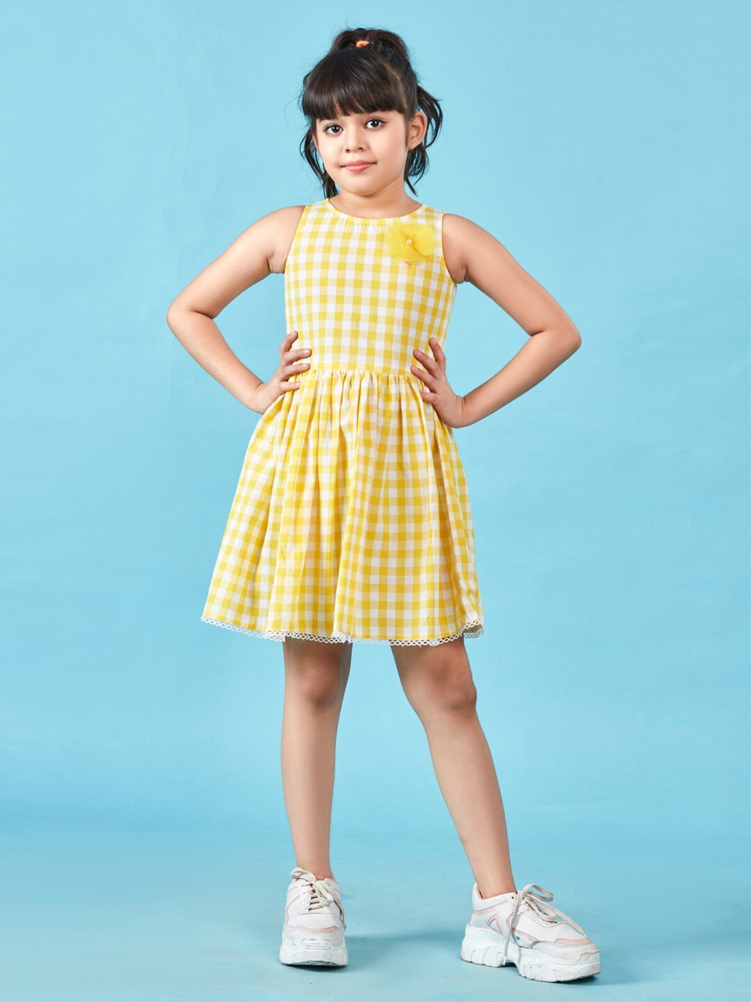 

Lil Peacock Girls Checked Sleeveless Cotton Fit & Flare Dress, Yellow
