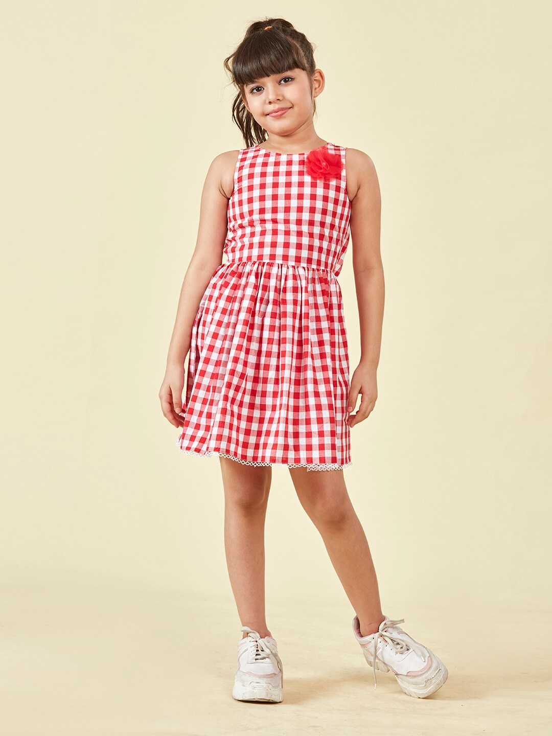 

Lil Peacock Girls Checked Round Neck Gathered Cotton Fit & Flare Dress, Red