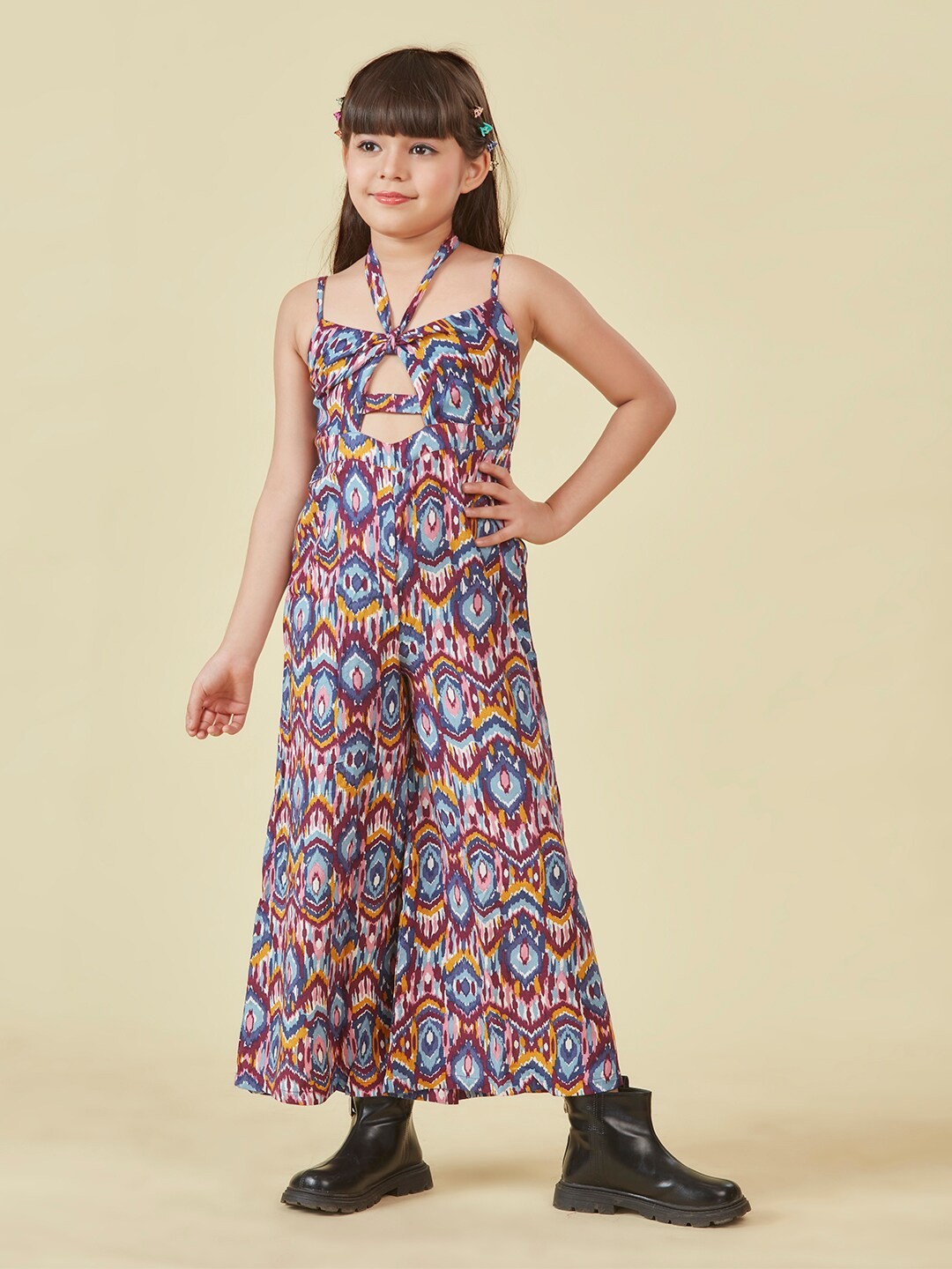 

Lil Peacock Girls Geometric Printed Halter Neck Smocked Basic Jumpsuit, Blue
