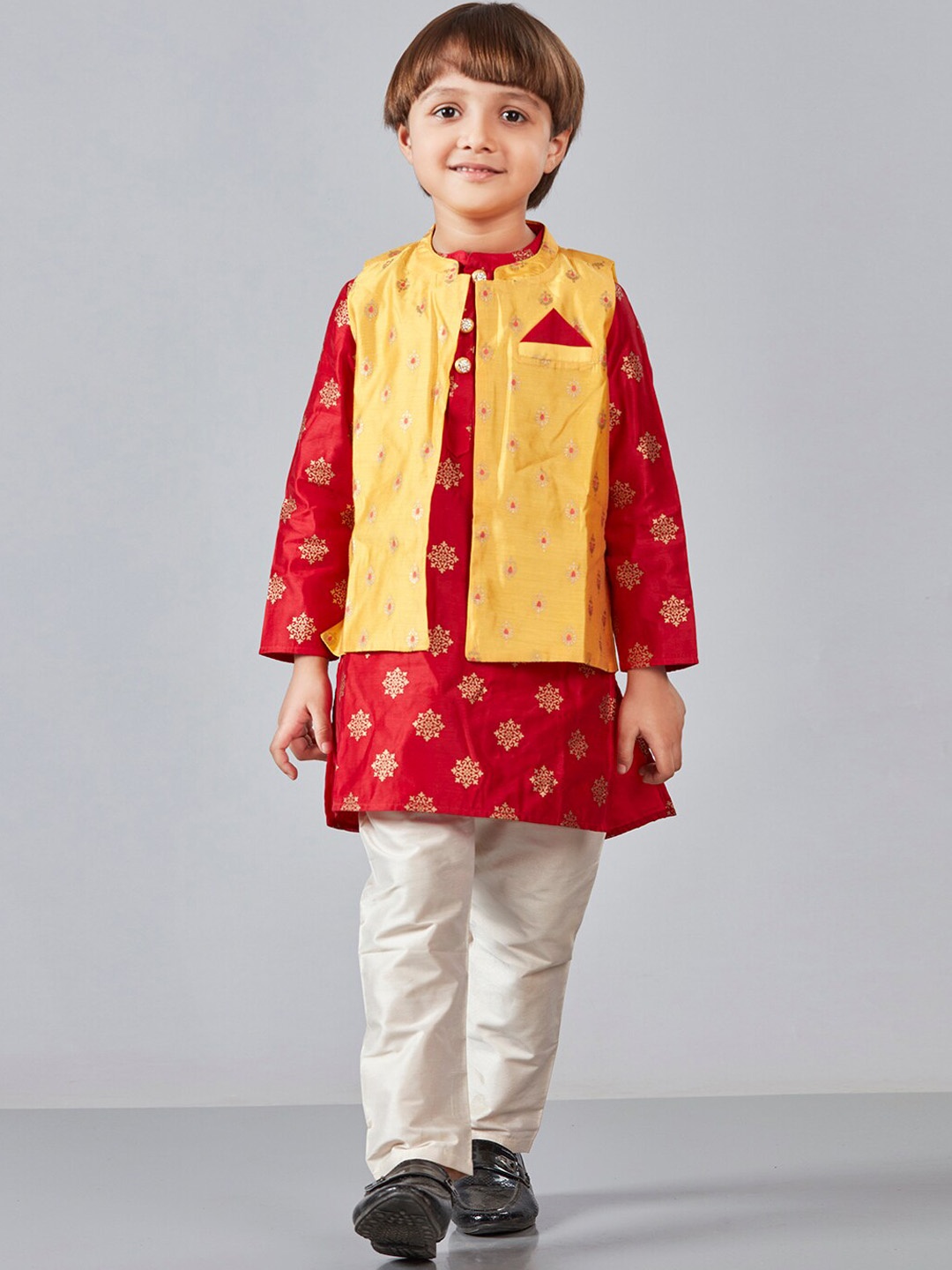 

Lil Peacock Infant Boys Ethnic Motifs Printed Kurta with Trousers And Nehru jacket, Red