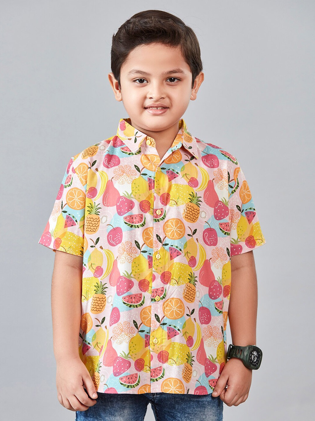 

Lil Peacock Boys Tropical Printed Casual Shirt, Yellow