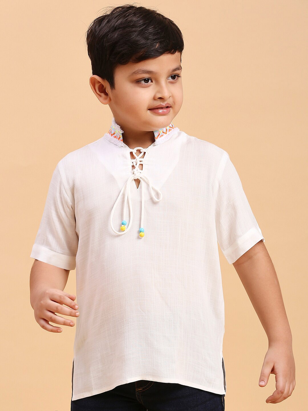 

Lil Peacock Boys Mandarin Collar Tie-Up Casual Shirt, White