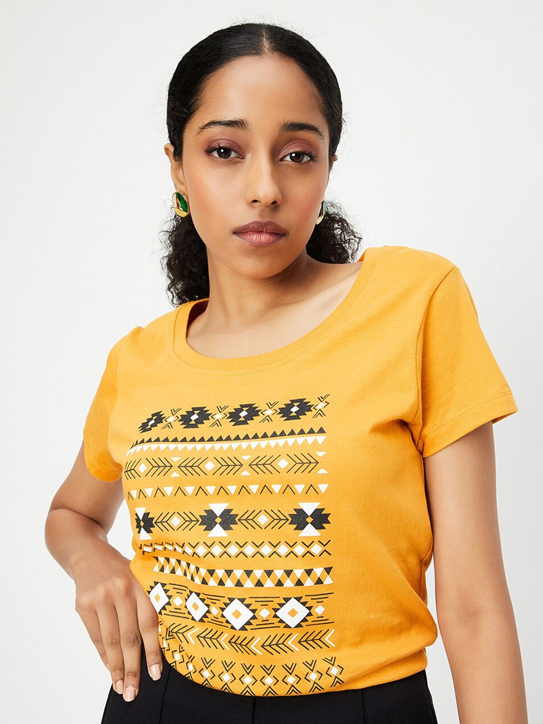 

max Geometric Printed Pure Cotton T-shirt, Mustard