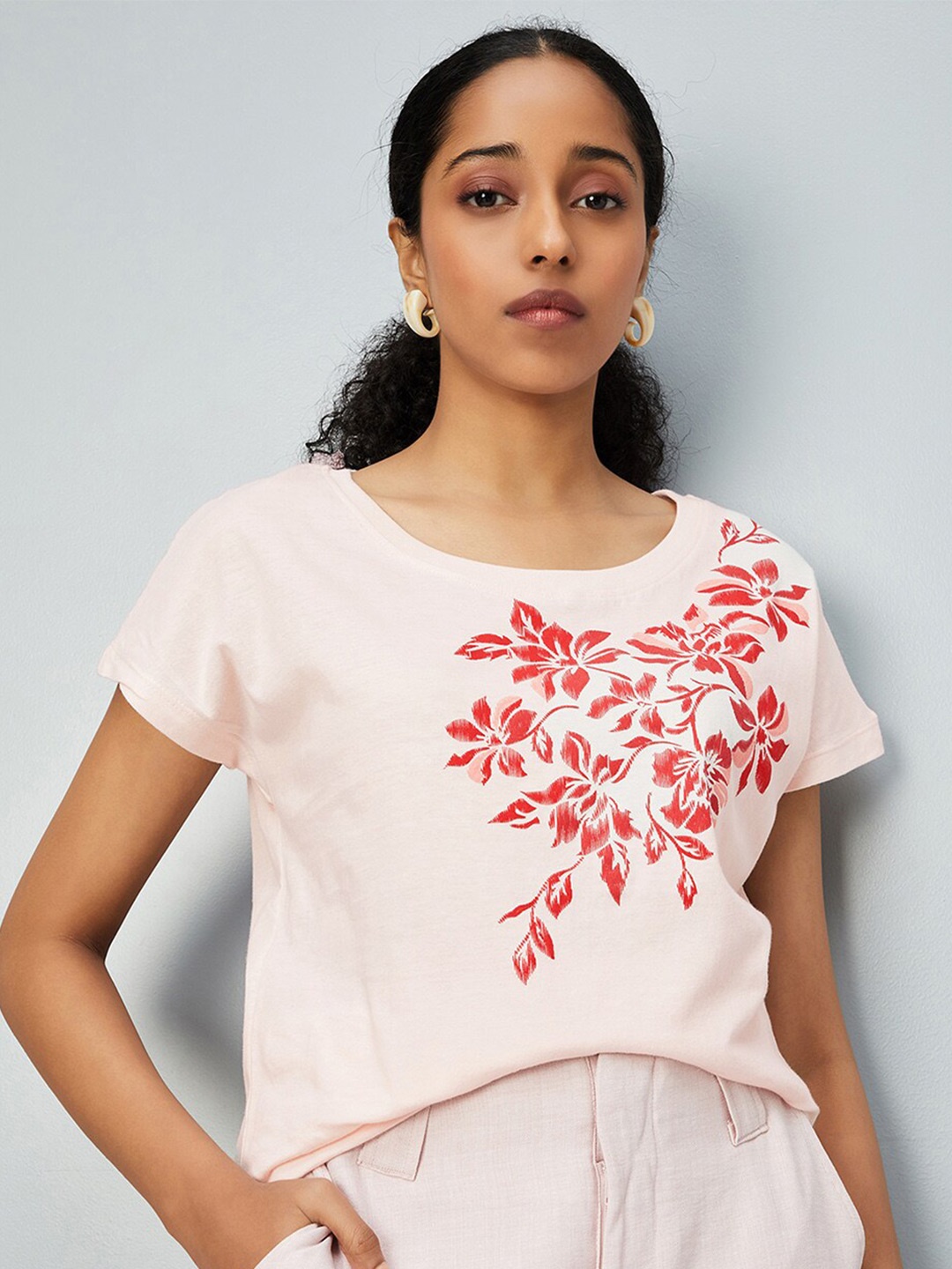 

max Floral Printed Round Neck Pure Cotton T-shirt, Pink