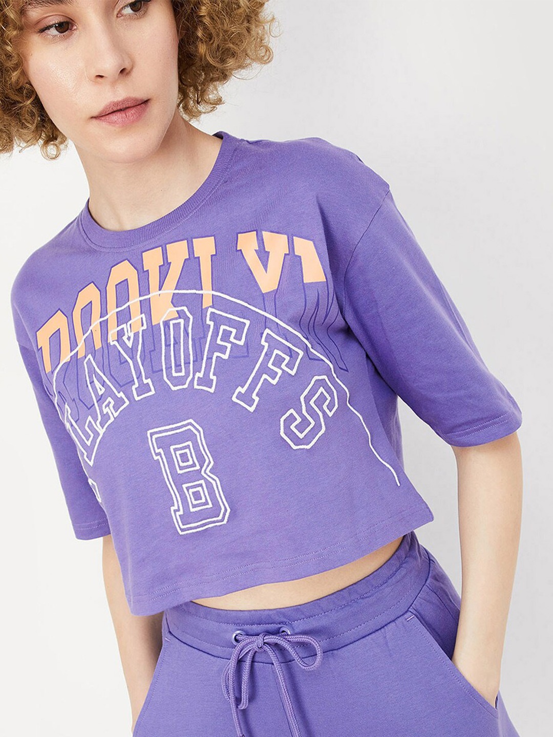 

max Typography Printed Pure Cotton T-shirt, Purple